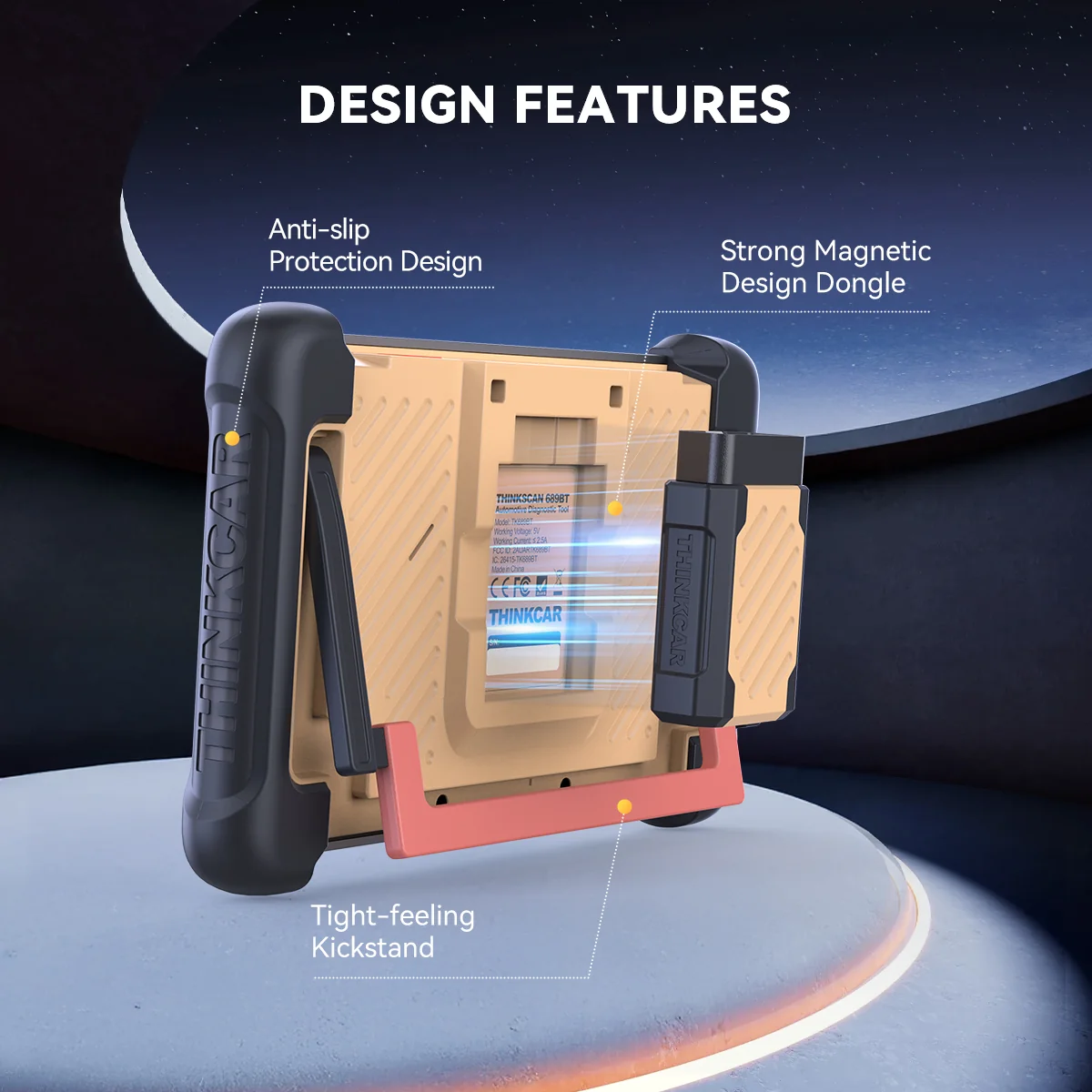ThinkScan 689BT design features — anti-slip body, magnetic dongle and kickstand