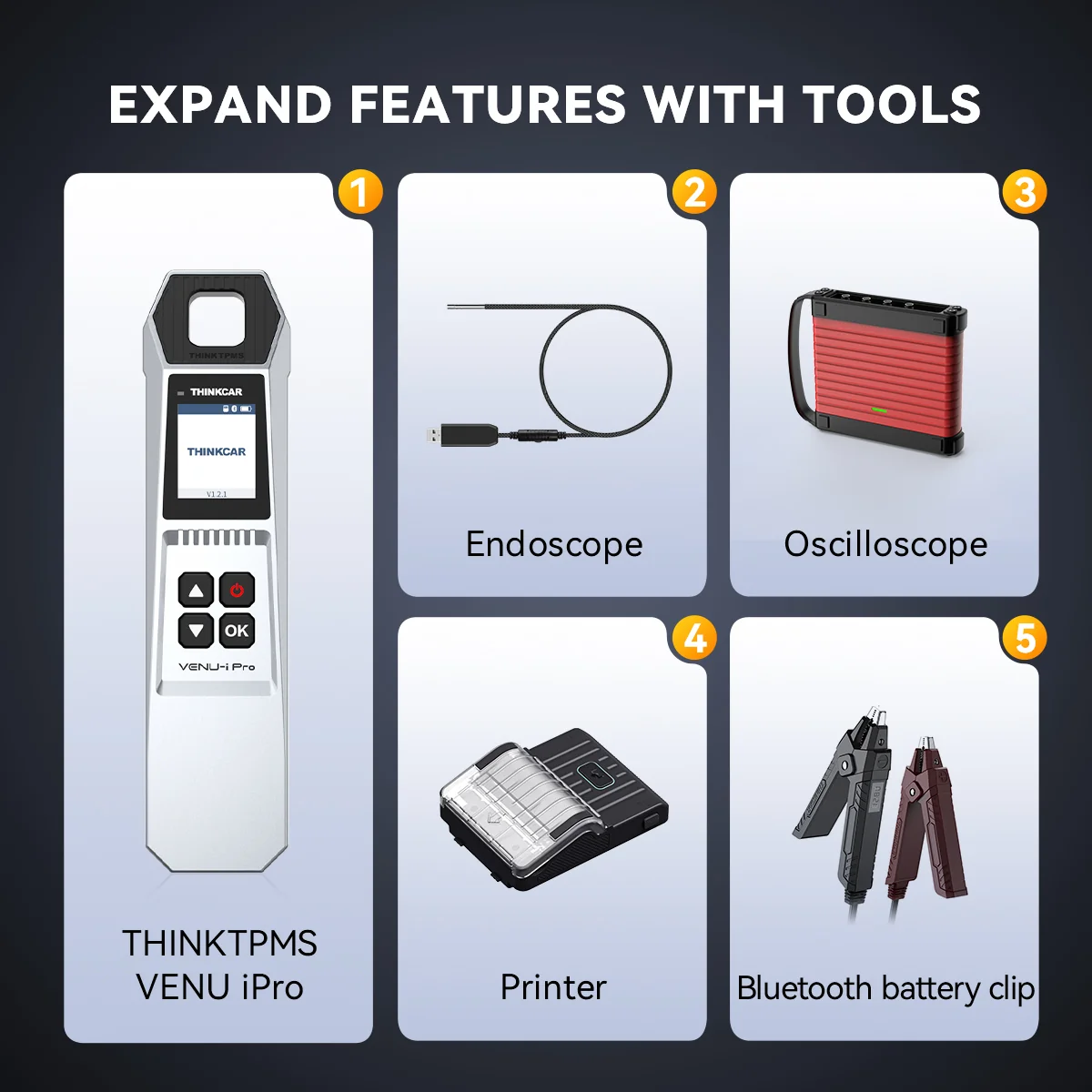 ThinkScan 689BT expansion tools — THINKTPMS VENU iPro, endoscope, oscilloscope, printer and Bluetooth battery clip