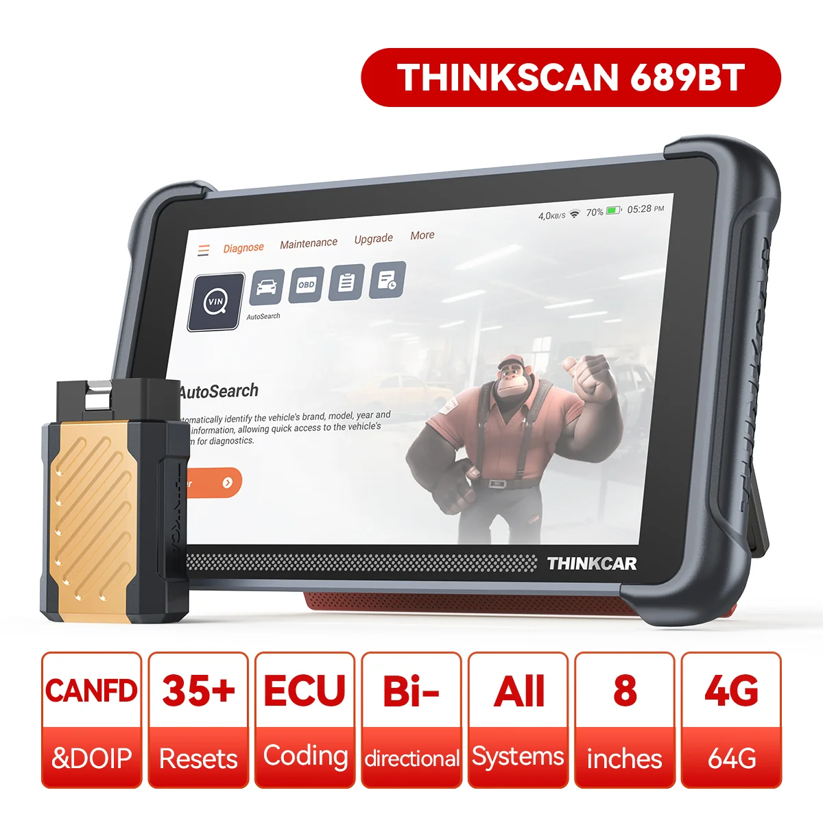 ThinkScan 689BT key features — CAN-FD and DoIP, 35+ resets, ECU coding, bi-directional, all systems, 8-inch screen, 4GB/64GB