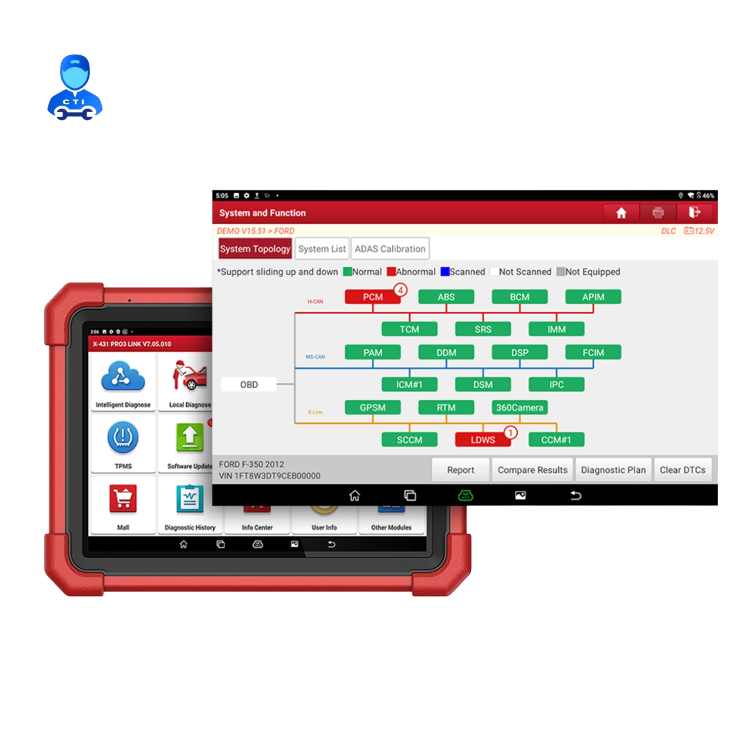 Launch X-431 PRO3 LINK system topology screen — colour-coded module map across HS-CAN, MS-CAN and K-Line networks