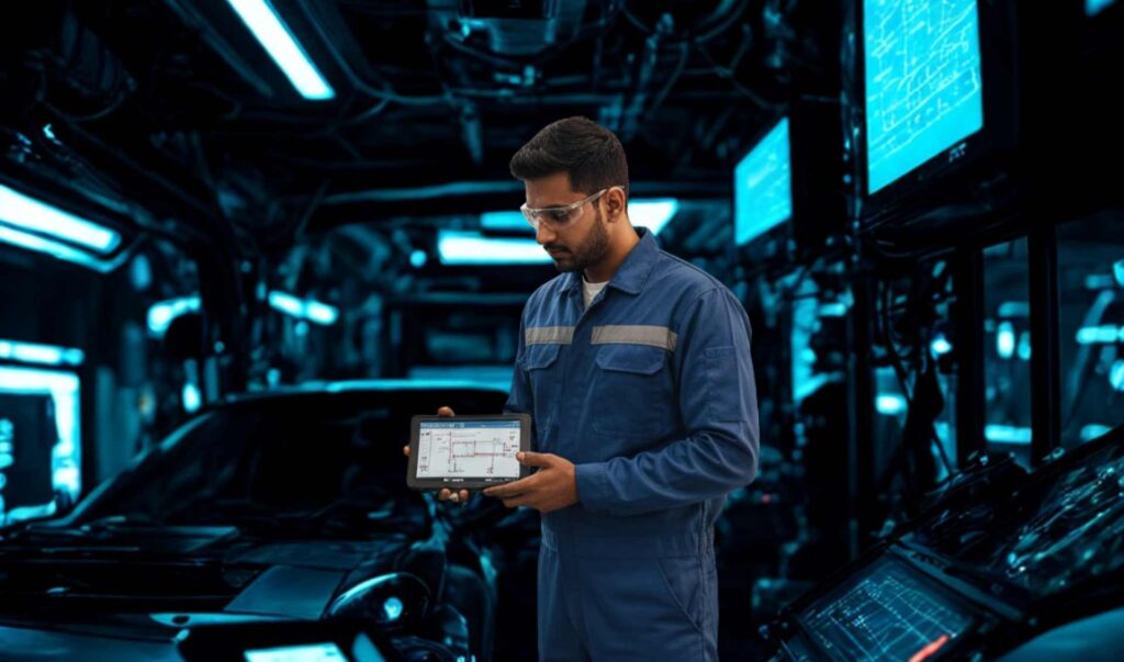 Automotive technician using professional diagnostic scanner tablet to inspect vehicle in modern workshop; advanced car troubleshooting system displayed on screen; Car Tool India automotive diagnostic tools, OBD scanner, ECU scanning, BS4/BS6 troubleshooting, workshop technology.