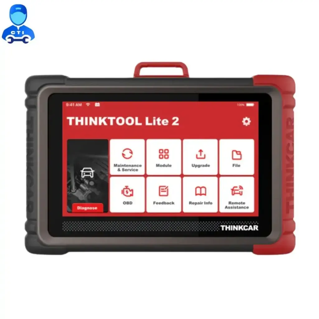 Front view of the Thinktool Lite 2 automotive scanner. The device has a rugged black and red housing with a touchscreen displaying key functions such as Diagnose, Maintenance & Service, Module, Upgrade, OBD, Repair Info, and Remote Assistance.