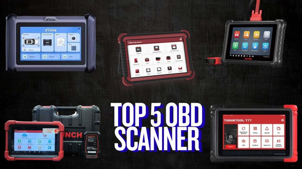 Image showing the top 5 automotive OBD2 diagnostic scanners, including models from Xtool, Thinkcar, Autel, and Launch, arranged on a dark background. Each scanner is displayed with its interface and branding, highlighting their robust build and user-friendly touch screens. This image is featured in a CartoolIndia blog post to help users select the best OBD2 scanner for efficient vehicle diagnostics and repair in 2025.